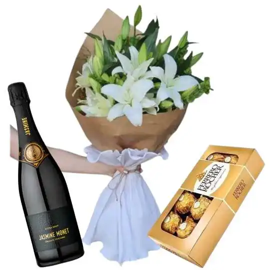 Ramo lilium lirios blancos rocher x8 y espumante